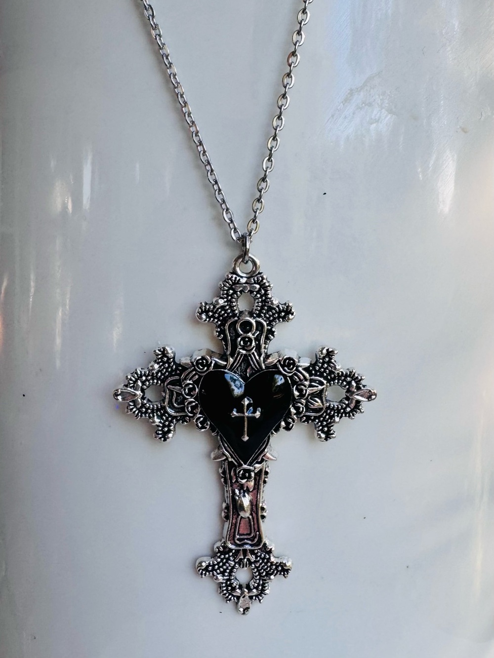 Gothic Silver Heart Cross Pendant Necklace, cross 3” x 2” chain 18”-20”